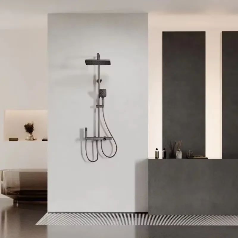 All Copper Brushed Chrome Smart Digital Display Shower Set Soft Rain Ambient Light Luxury Multifunctional Slide Bar Bathroom