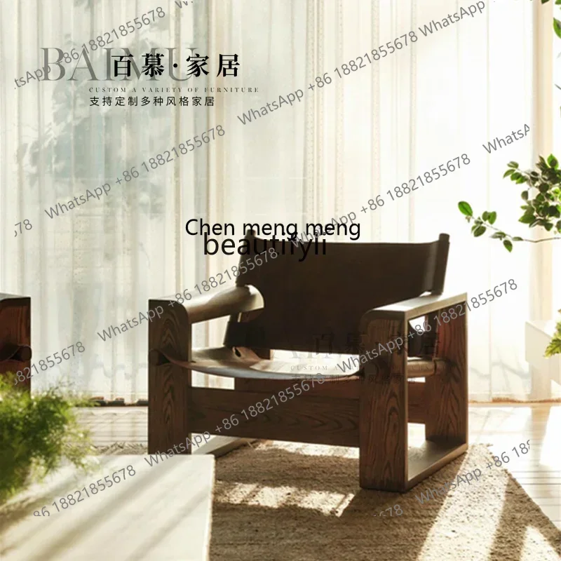 New arrive Wabi Sand Wind Retro Solid Wood Saddle Leather Single Sofa Chair Living Room Leisure Back Chair Hotel Designer Single