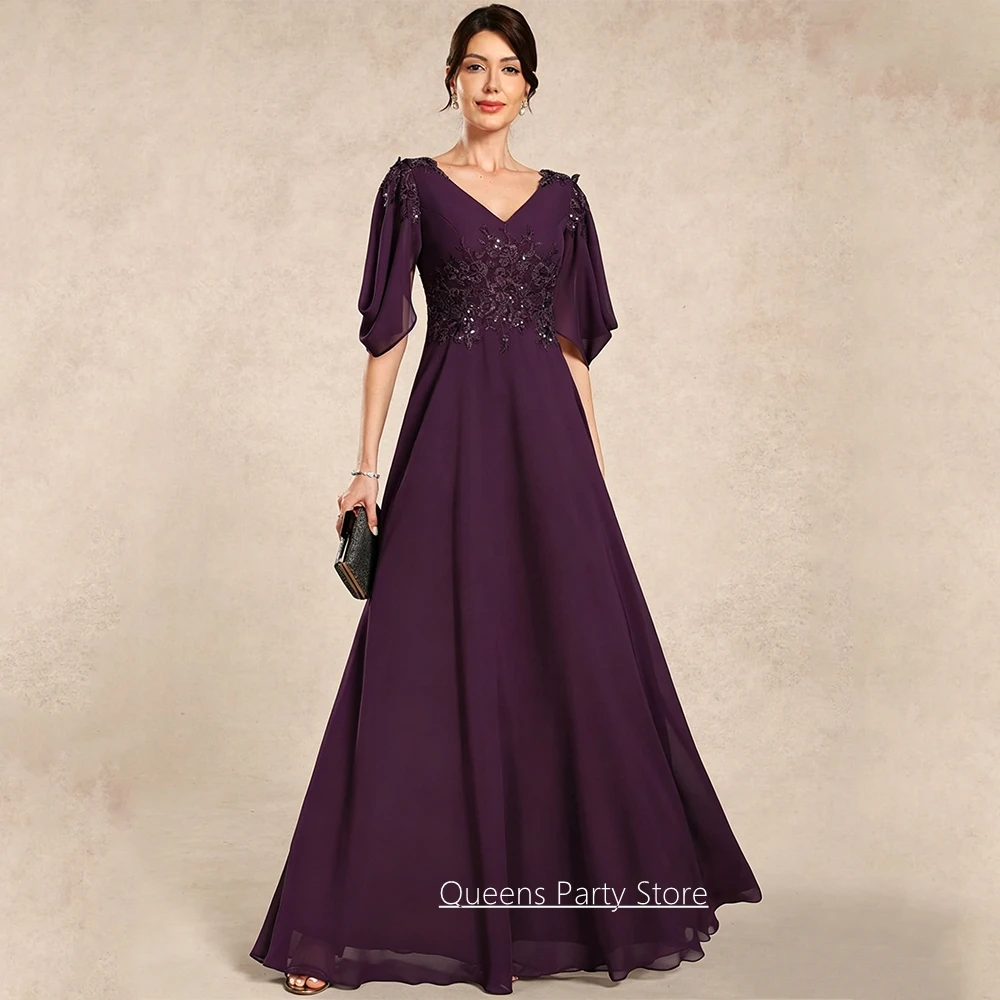 

Customized Guest Woman Mother of The Bride Dress V Neck Short Sleeves Sequined Applique Chiffon Wedding Party Gowns