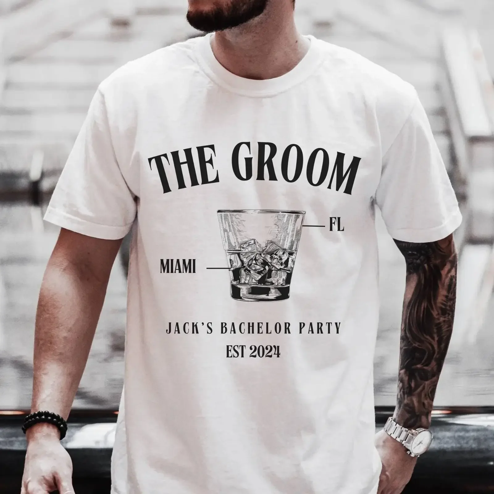 Custom Bachelor Party T Shirt The Groom Miami FL Personalized Groomsman Jack's EST 2024  vintage Washed streetwear fashion