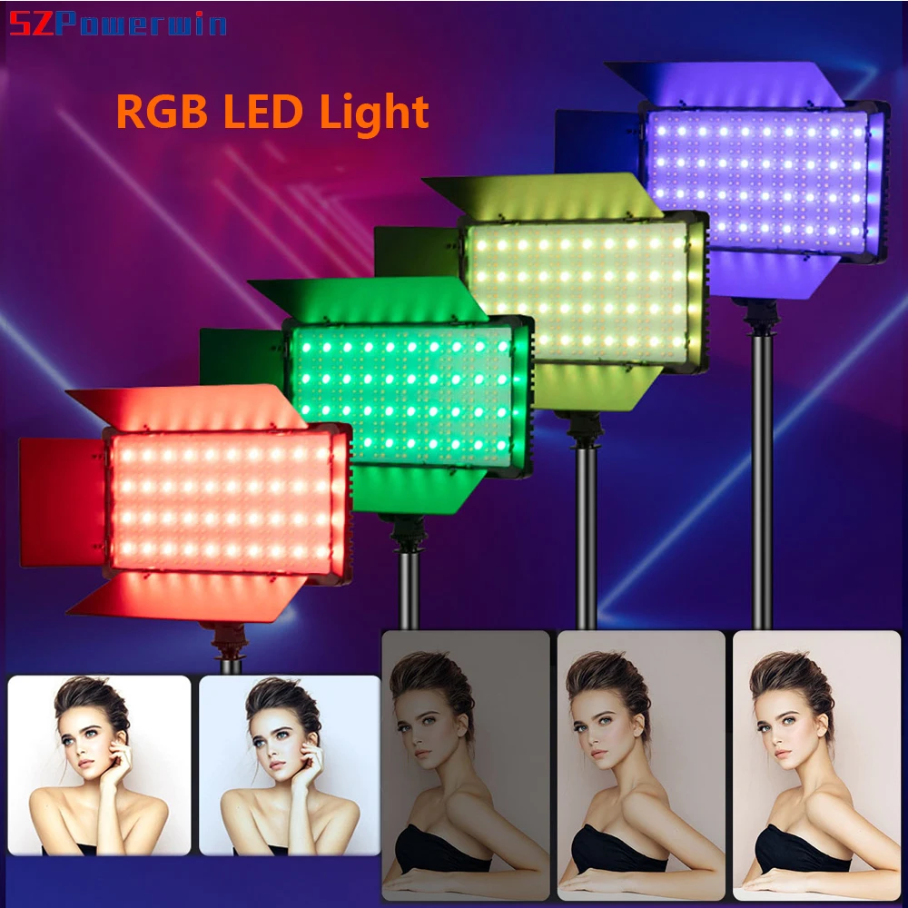 Powerwin 40W 600 Beads RGB LED Video Light Panel Bi-Color Photo Studio Photography Lamp Barn Door RA95 3200-5600K U600+ U800+