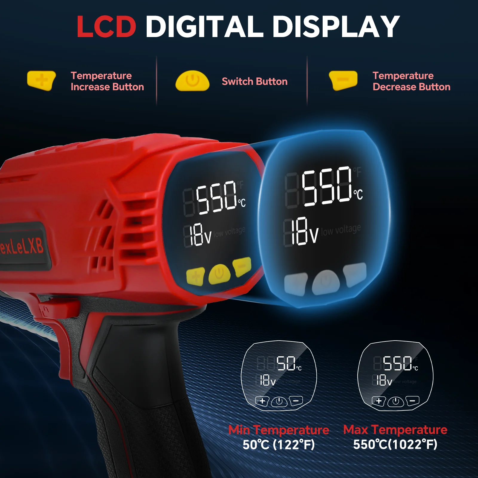 Pistola de calor sem fio 400W 50 ℃ -550 ℃   Temperatura variável com display digital LCD Pistola de ar quente para bateria Milwaukee 18V (sem bateria)