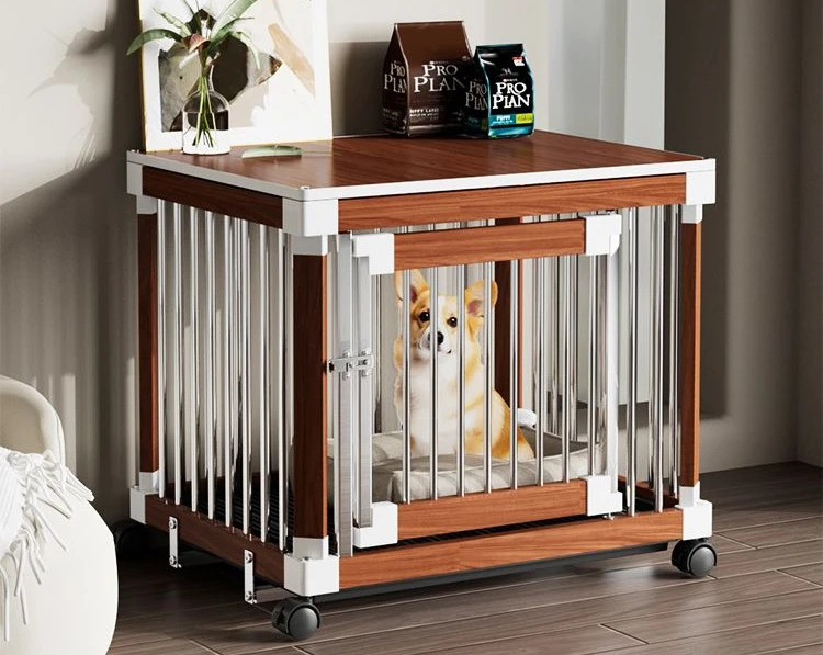 Pet dog cage with stainless steel toilet Wooden household interior bolding Small and medium-sized dogs with wheels