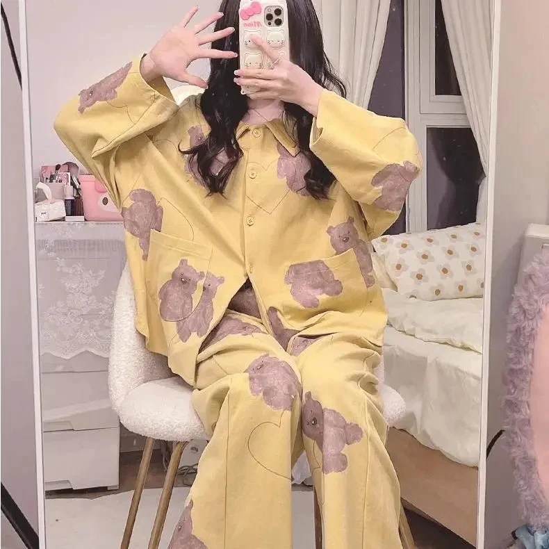 

Plus Size 5XL 150KG Autumn Women 2pcs Kwaii Pajama Sets Pyjama Sleepwear Long Sleeve and Pants Oversized Sweet Sleepwear Tops