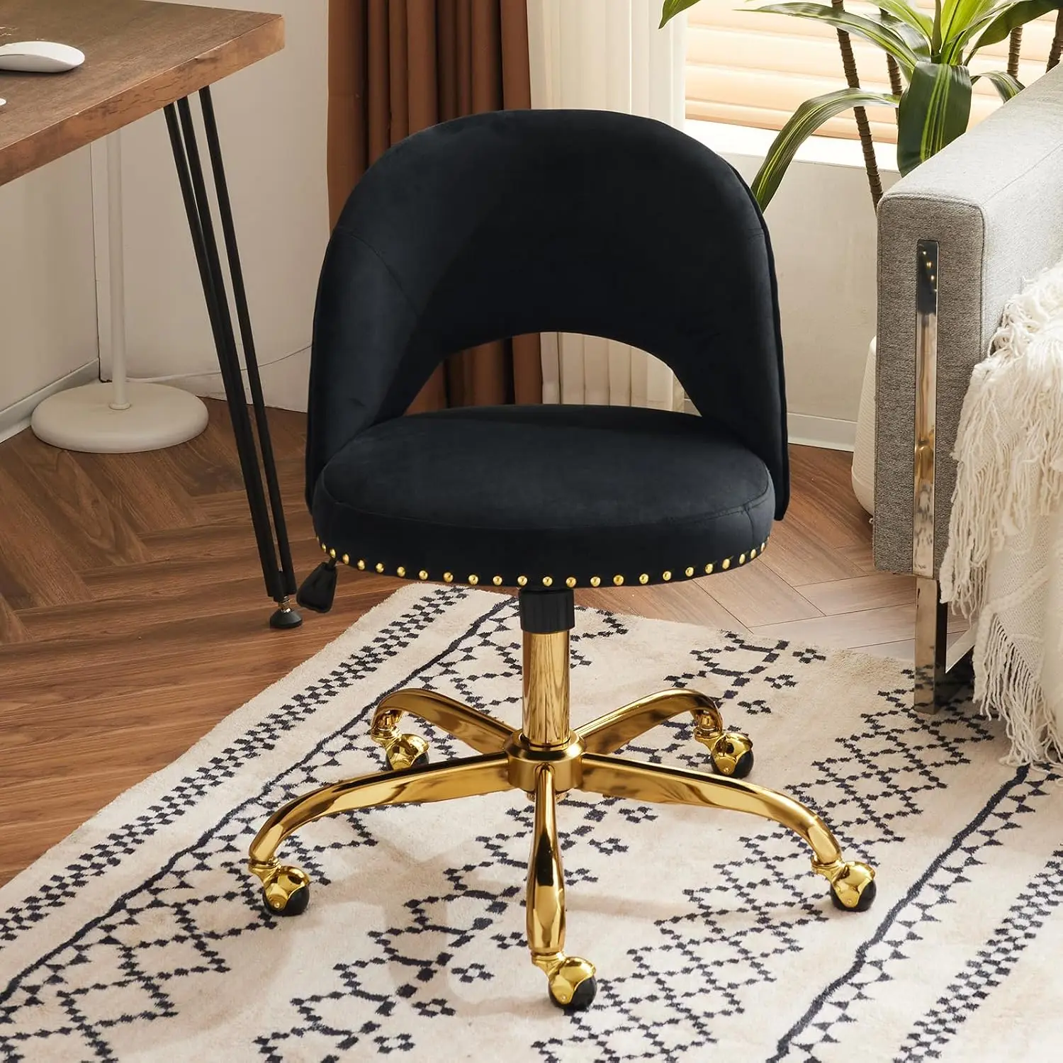 Velvet Office Desk Chair Wheels Gold Base Armless Swivel Vanity Task Chair Bedroom Kids Black, Customized