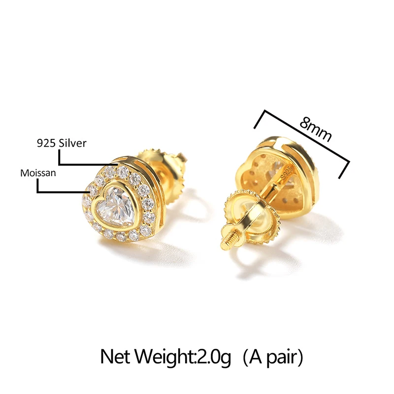 1 Pair Moissanite S925 Sterling Silver Heart Shape Stud Earring for Men Women Hip Hop Earrings Bling Ice Out Rapper Jewelry