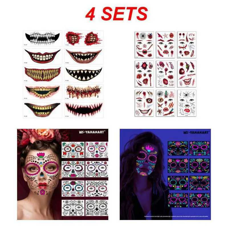 1/4PCS Halloween Tattoo Sticker Waterproof  of The Dead Skull Face tattoo Temporary Tattoo Stickers  Halloween Facial make