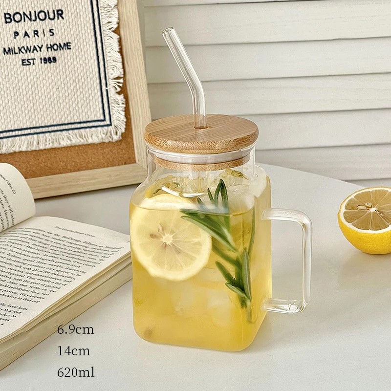 Cute Glass Cup With Bamboo Lid Straw For Coffee Water Milk Tea Juice Portable Glass Bottle Girl Large Drinking Bottle Gift 620ml