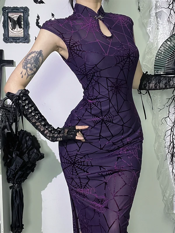 Gothic k Purple Qipao Set Women's loween Clothing Waist-Cinching Split Strap Dr Inner Wear Formal Dr