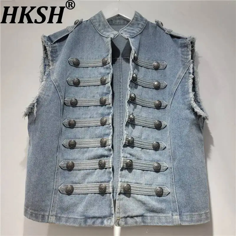 

HKSH Women Denim Waistcoat Button Stand Collar Distressed Washed Vintage Streetwear Y2K Fashion Casual Sleeveless Jacket HK22621