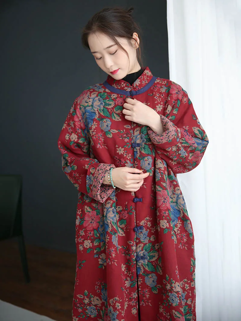 Autumn/Winter Womens Retro Cotton Jacket Soft Quilted Flower Print Tray Buckle Loose New Chinese Coat Medium Length With Pockets