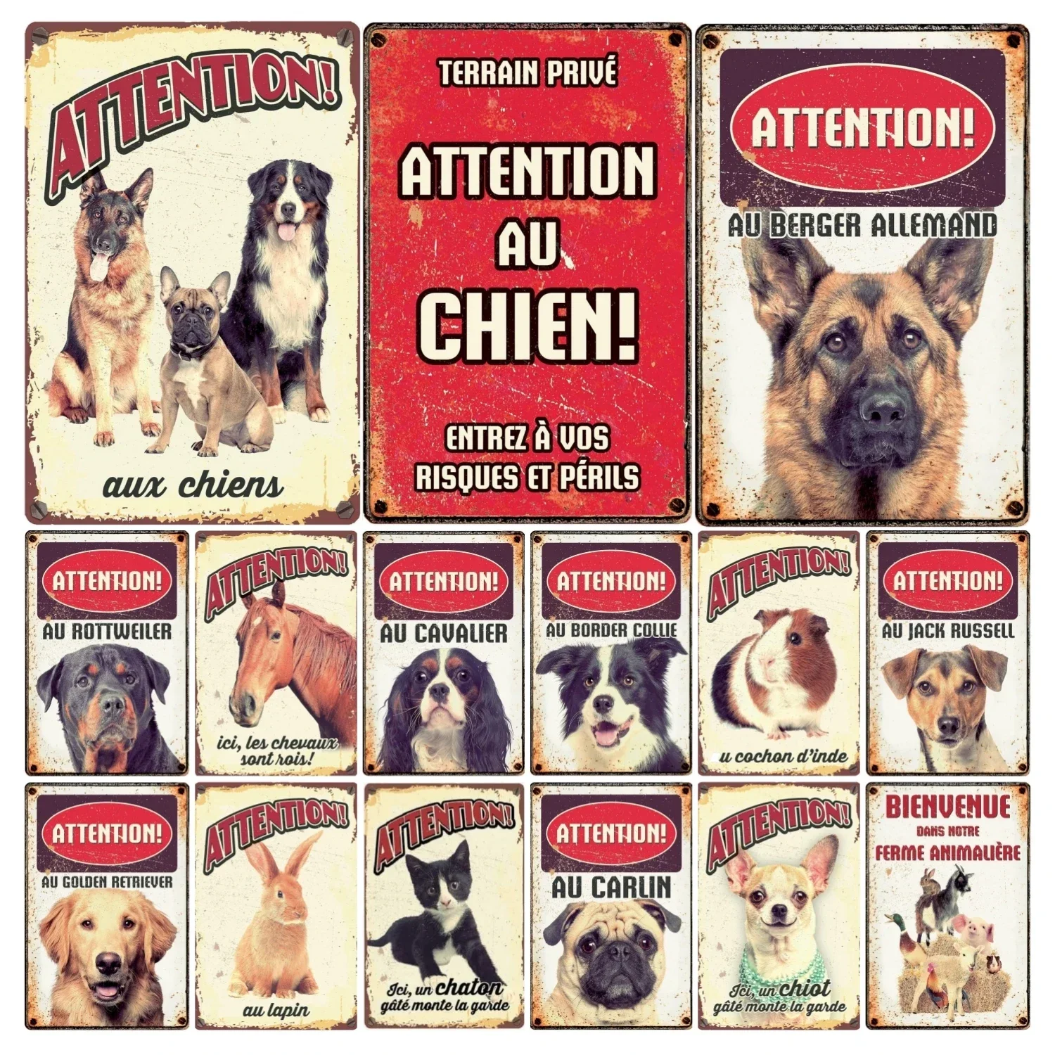 Muchos regalos, Letrero de metal vintage con la inscripción: Atención, Chihuahua mimado, perros, Jack Russell Terrier, Shih Tzu, mascotas, macroanimales
