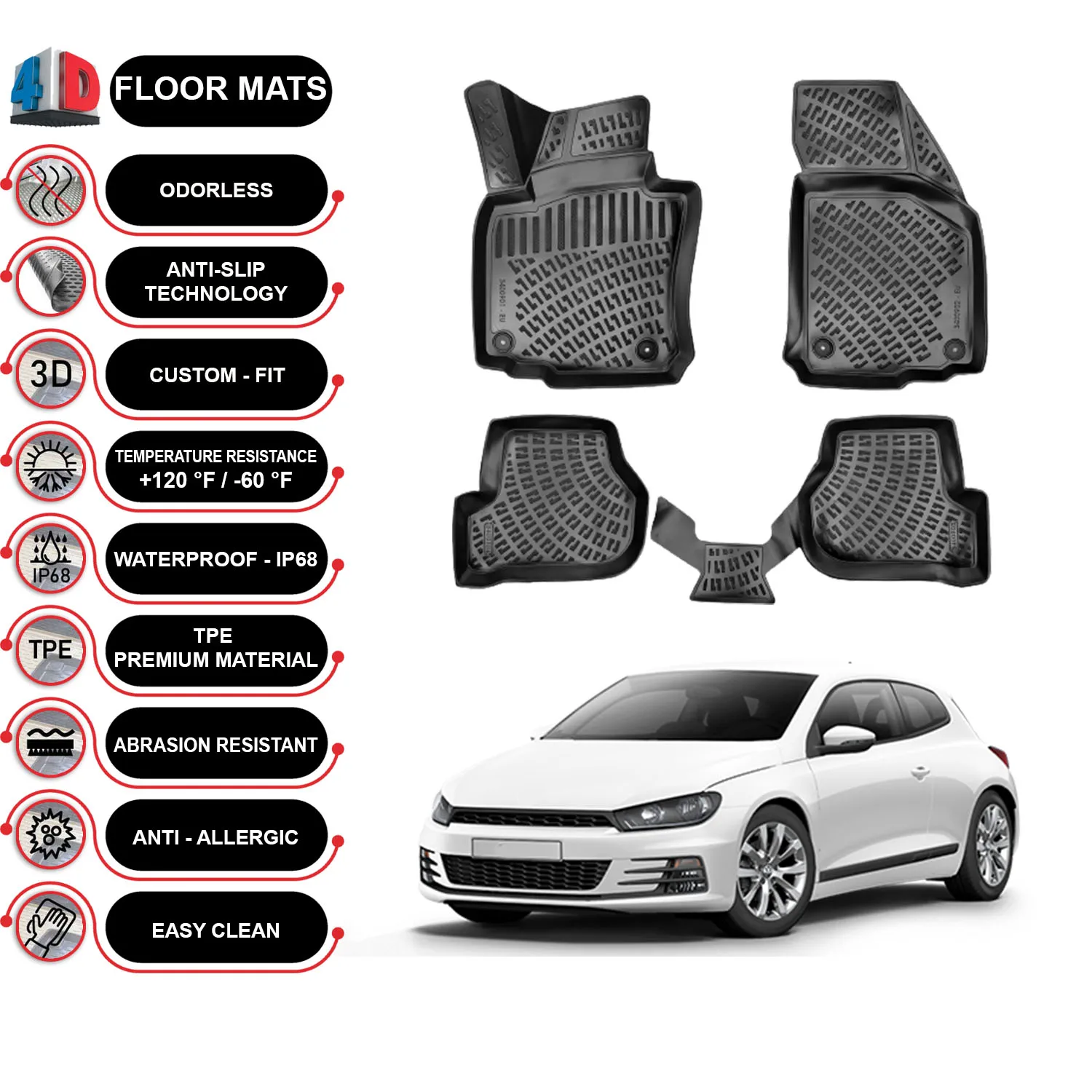 Volkswagen Scirocco - (2008-2022) Floor Mats Liner Waterproof 3D - (Black)