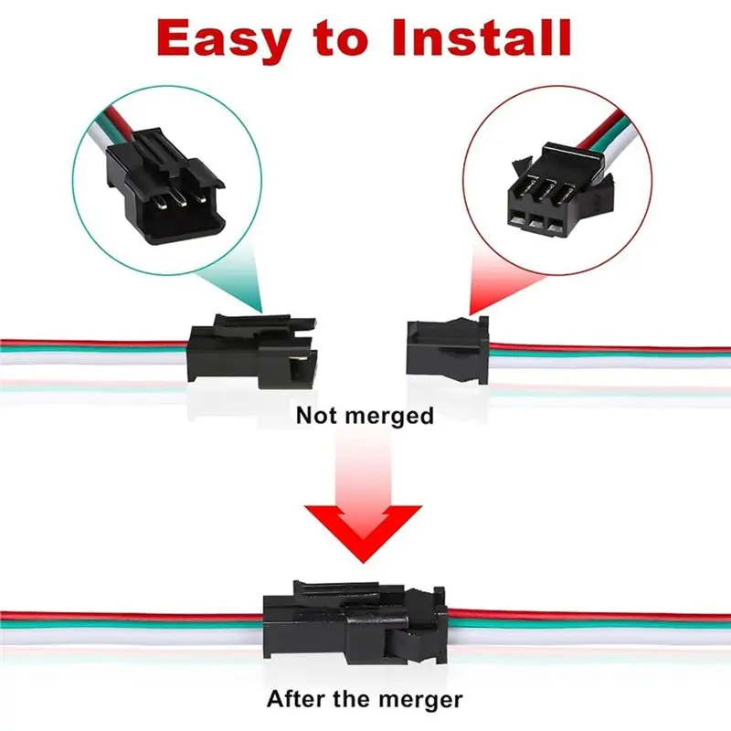 ABMR-JST SM 3-Pin Connectors(30 Pair) For WS2812B/WS2811/WS2812/WS2814/SK6812 LED Strip Male/Female 15Cm 22AWG Wire