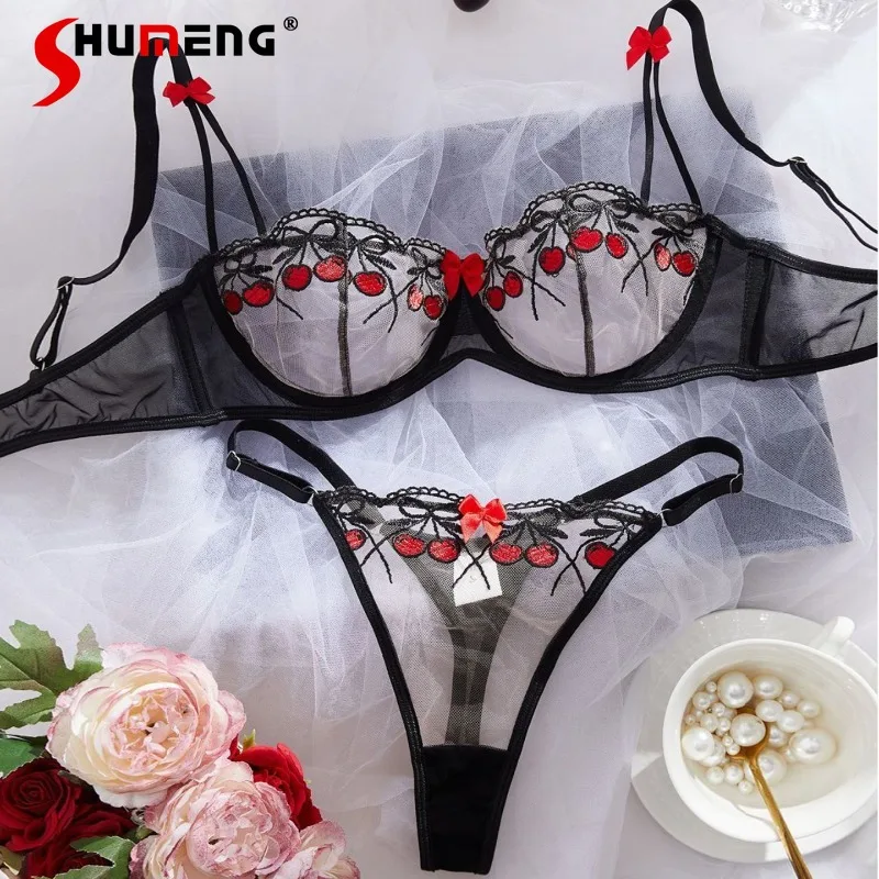 

Sexy Pure Desire Style Lingerie for Women Cute Cherry Bra Set with Underwire Female Push Up Ultra-Thin Intimates Outfits