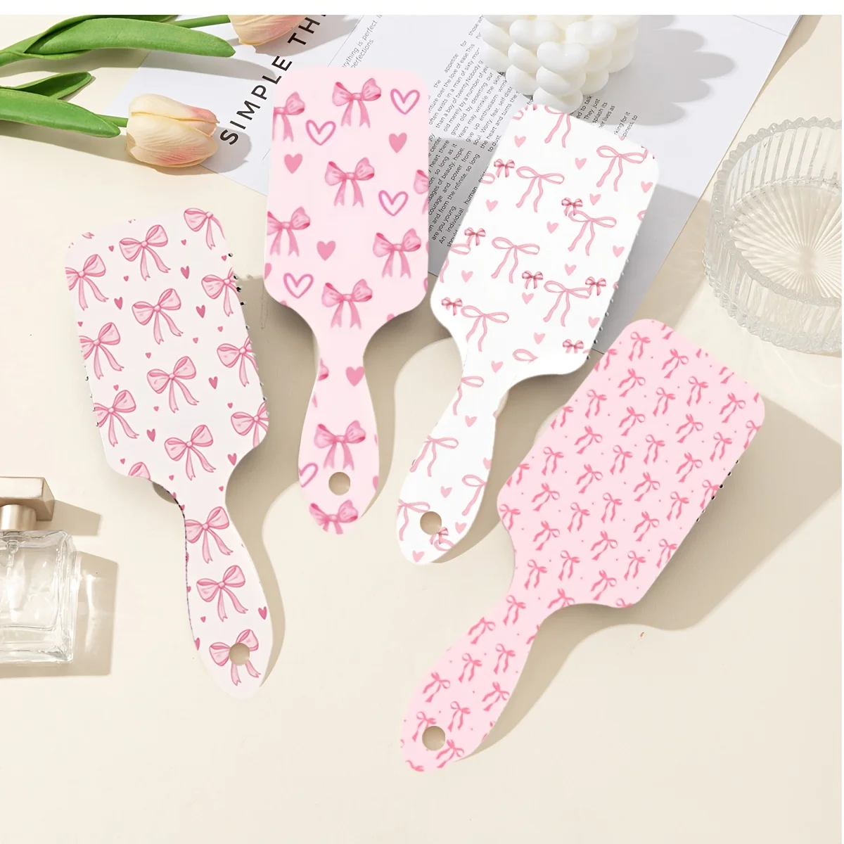 

Cute cartoon-style cushion comb with bow and heart pattern, designed for girls, portable and easy to use at home.