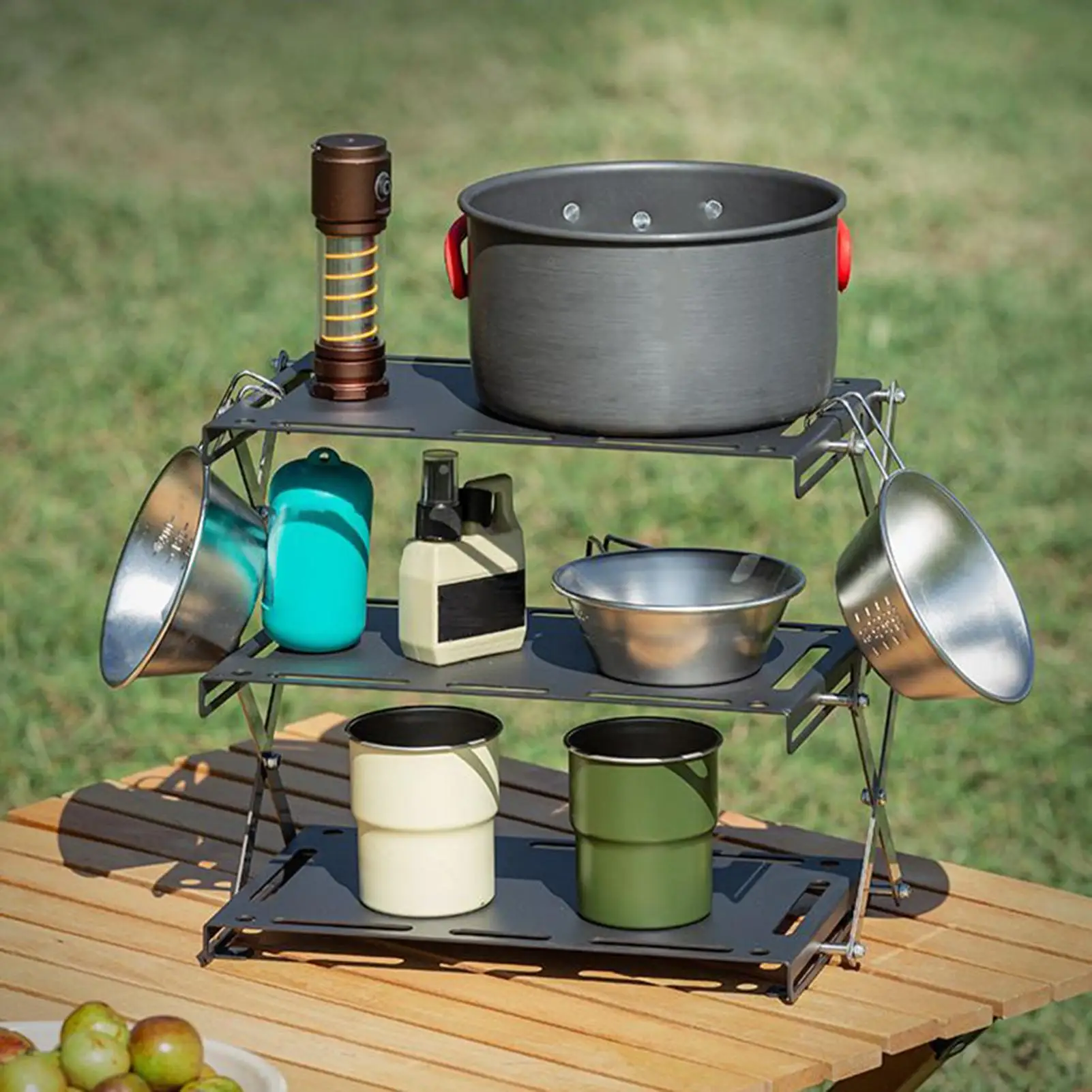 Rak Camping Stainless Steel 3-Tingkat Meja Pajangan Rak Penyimpanan 3-Tingkat Untuk Dapur Camping Piknik Memancing Halaman Belakang
