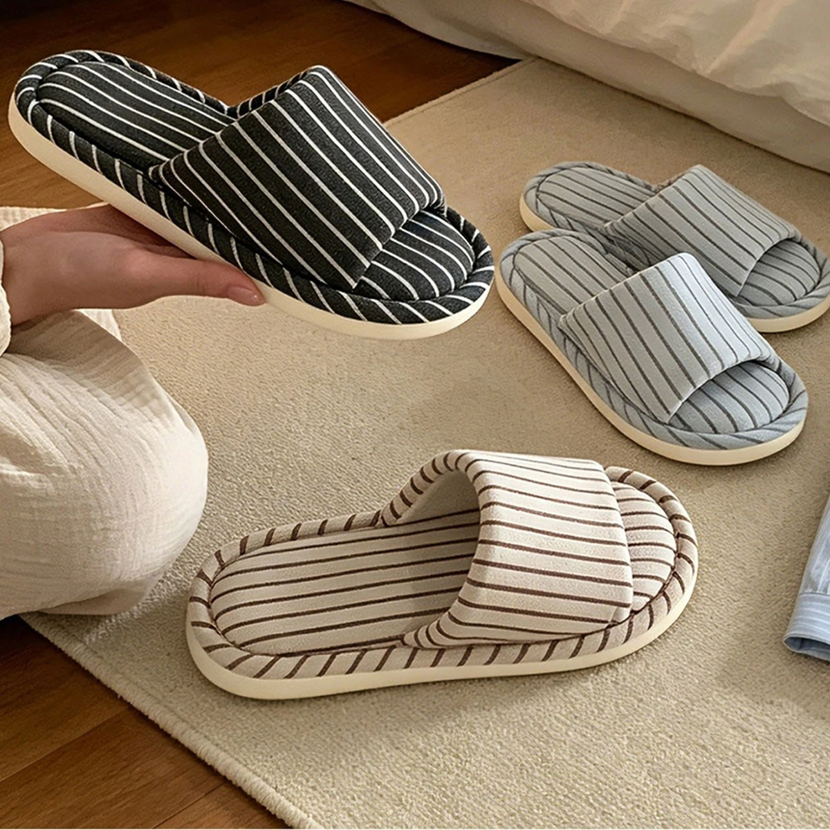 Women's House Fur Slippers Casual Fashion Stripe Design Blue White Cute Lovely Indoor Non-slip Warm Soft Soles Comfy Home Light