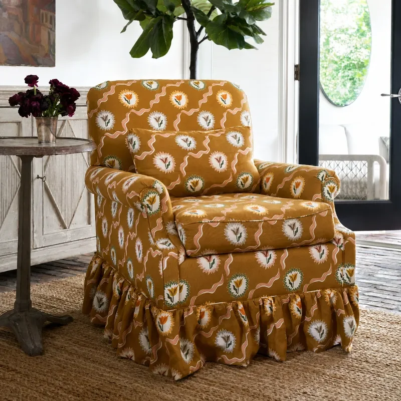 Retro Printed Solid Wood Sofa Fabric Single Chair Small Apartment Living Room Bedroom Leisure Chair
