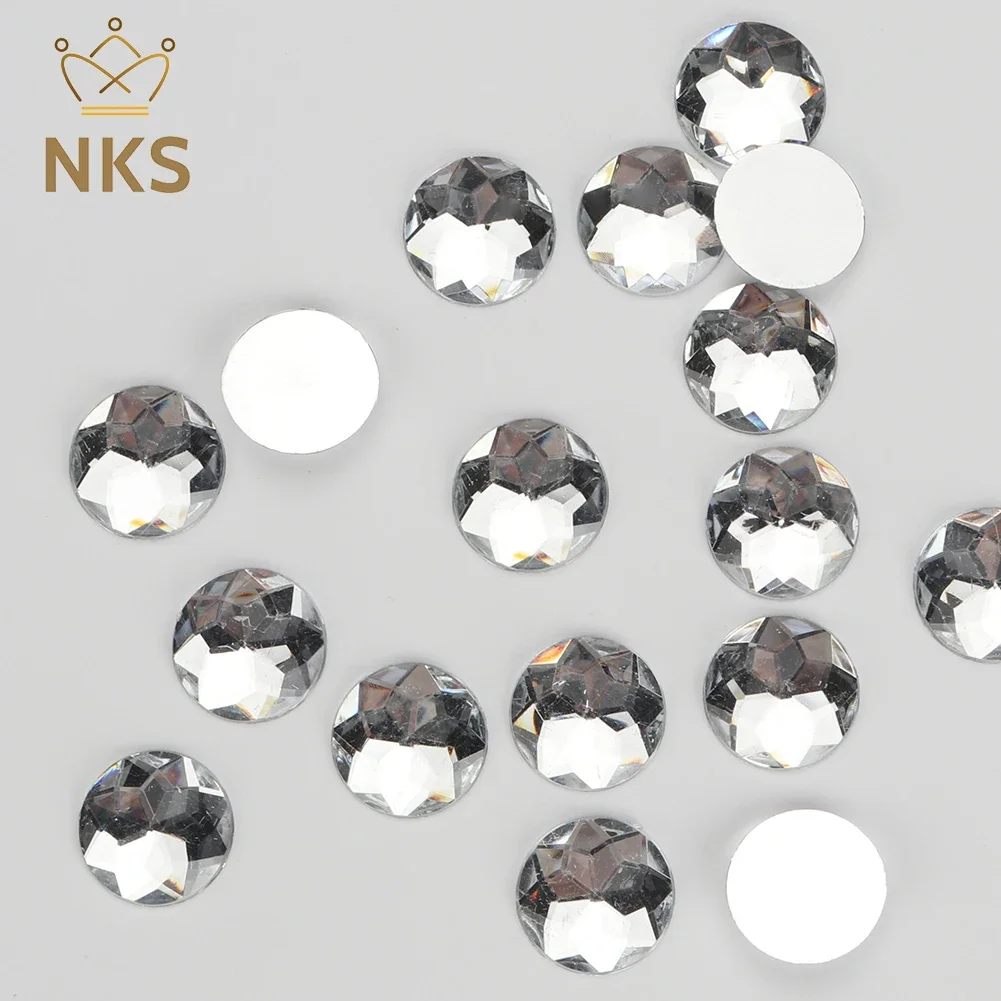 NKS-piedras redondas blancas sin fijación térmica, apliques de pedrería acrílica plana para accesorios de ropa, 10, 12, 14, 16, 20, 25 y 30mm