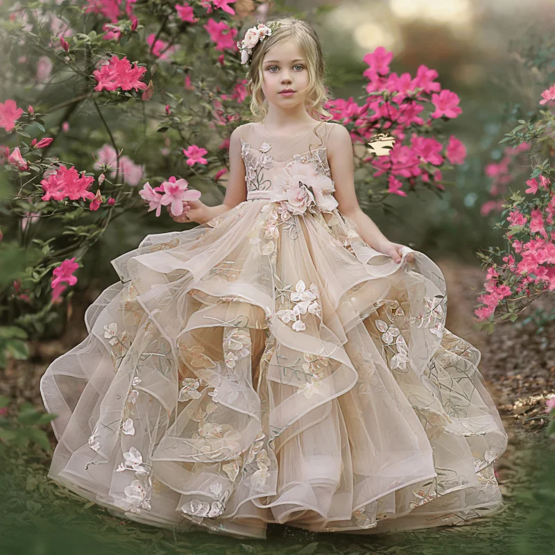 Vestidos de tul escalonados de pétalos de flores champán para niña, cinta de flores sin mangas para boda, fiesta de cumpleaños, banquete, vestido de princesa