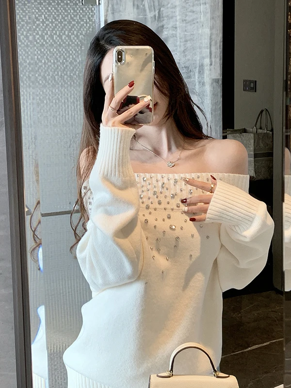 مثير الماس مزين فضفاض محبوك سترة المرأة الحلو واحد الكتف تصميم الخريف الشتاء جديد Sle الدافئة الحرارية Faion