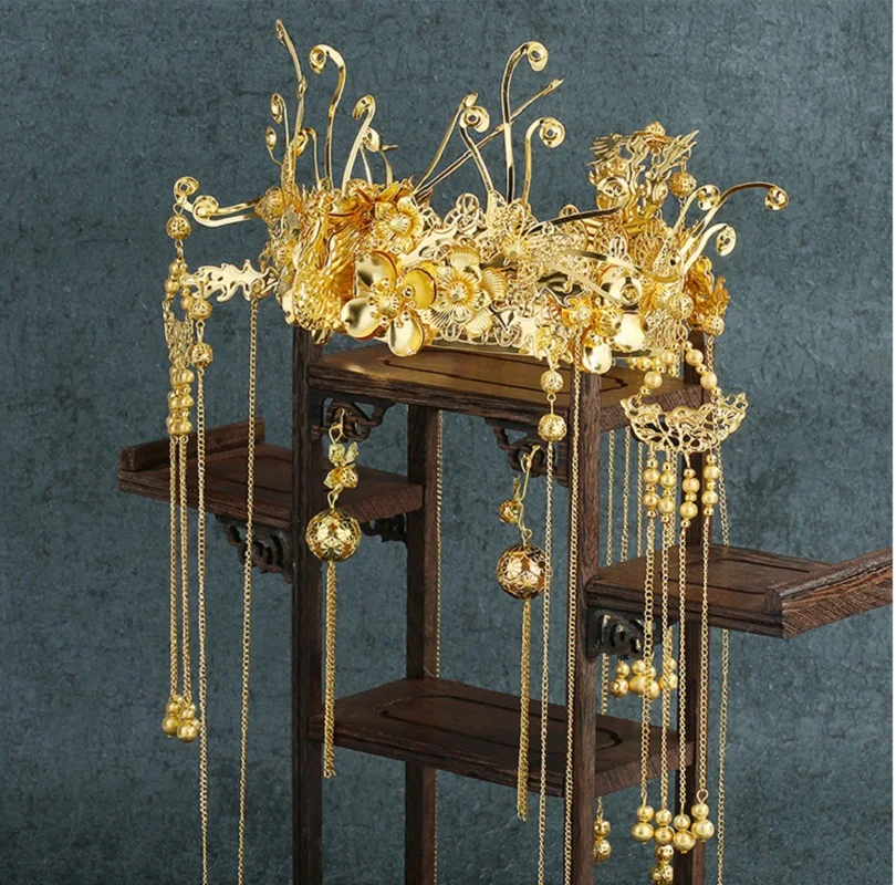 Women\'s Gold Plated Phoenix Hair Crown Chinese Bride Jewelry Ancient Headdress