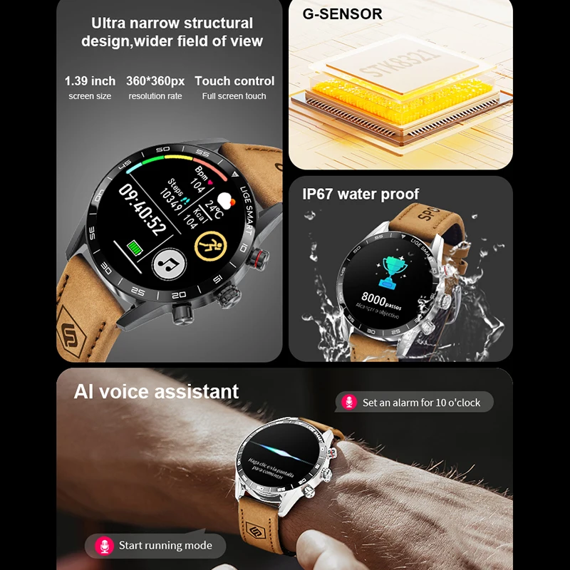 LIGE Men\'s Smart Watch Bluetooth Connection AMOLED Screen Smartwatch Men IP68 Waterproof Voice Call Samrtwatches for Android iOS