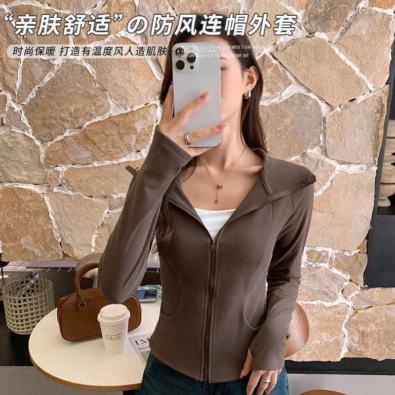

Hooded Sweatshirt for Women in Spring and Autumn New Slim Waist Yoga Sports Short Top Zipper Cardigan