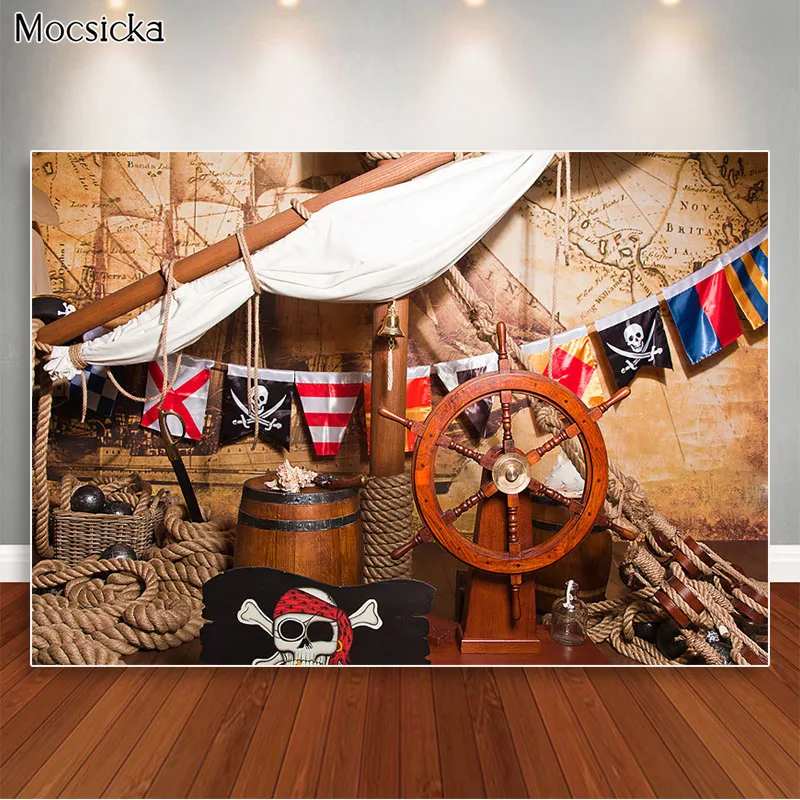 

Navigation Adventure Map Boy First Birthday Cake Smash Pirate Ship Deck Photography Backdrops Kids Portrait Photocall Background