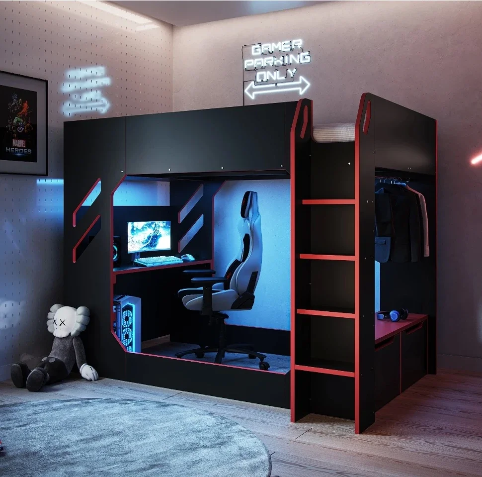 Modern kids podbed gaming loft bed with desk single gamer loft bed for boy and girl bedroom