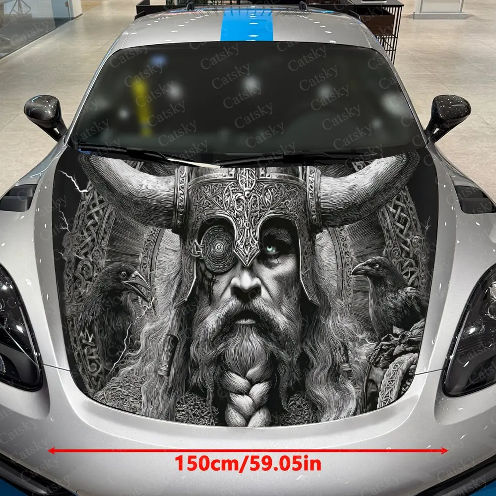 Horned Helmet Figure with Ravens Car Vinyl Wrap, PVC Waterproof Car Hood Sticker, Self-Adhesive Scratch-Resistant Stickers