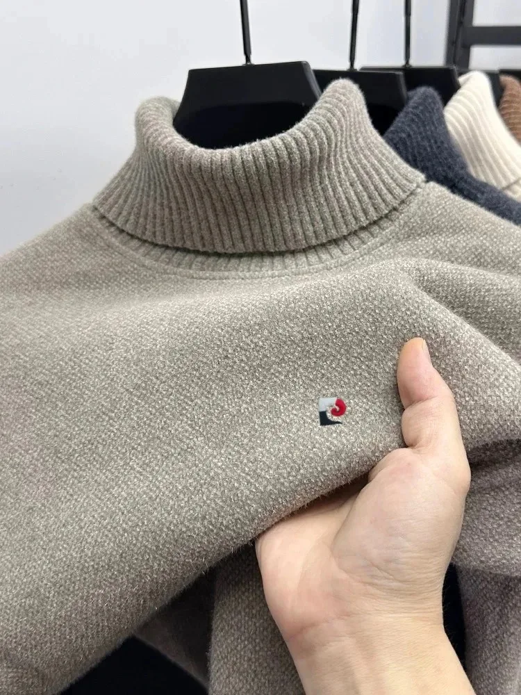 High end Brand fashion embroidered men's sweater new trend comfort plush autumn winter thicken warm high neck knitted pullover