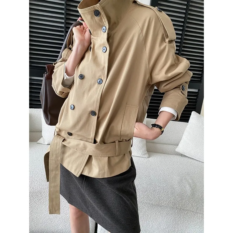 SuperAen Autumn New England Style Stand-up Collar Double-breasted Belt-waisted Trench Coat Elegant Mid-length Coats