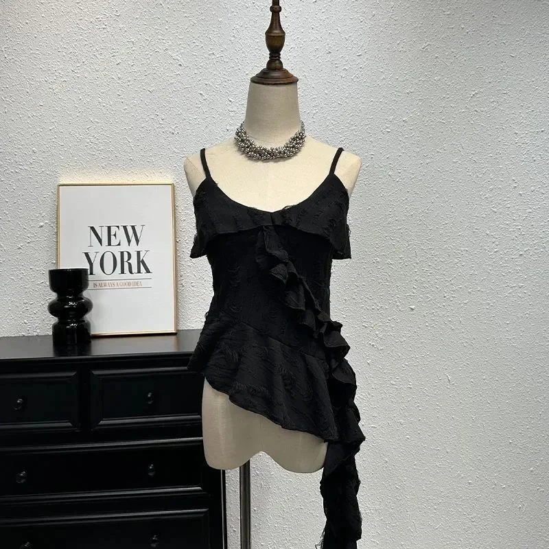 Mujeres Y2K Vintage coreano Casual Acubi Patchwork Irregular Gyaru con volantes camisetas sin mangas camisetas Gyaru Tops 2000s Alt ropa