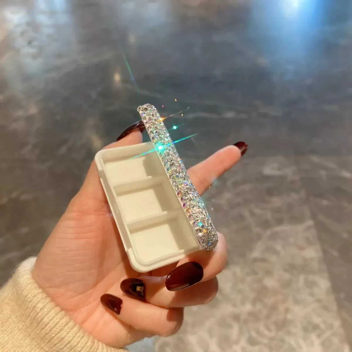 Bling strass garrafa de viagem organizador de comprimidos 3 compartimentos bonito recipiente de medicina diária portátil caixa de comprimidos de viagem caso bling