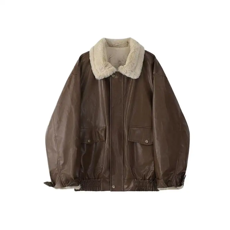 Womens Winter PU  Fur Collar Leather Jacket Thick Fleece Zipper Retro Fur Integrated Motorcycle Top windproof keep warm jacket