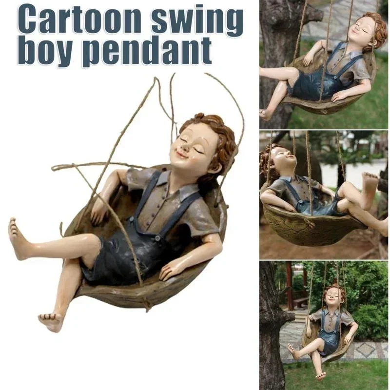 

New Creative Forest Elf Walnut Cartoon Swing Boy Pendant Hand-painted Resin Pendant Garden Series Outdoor Creative Decoration