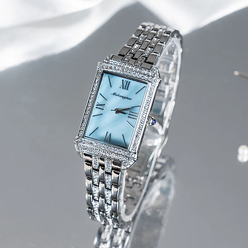 Diamond-Encrusted Square Quartz Watch for Women Fashion Hot-Selling Steel Band Mother-of-Pearl Wristwatch