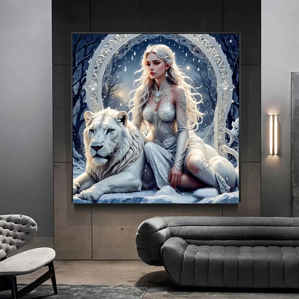 Diamond Embroidery Elven Girl And Lion Mosaic Cross Stitch Diamond Painting Woman New Arrival Animal Picture Rhinestone Wall Art