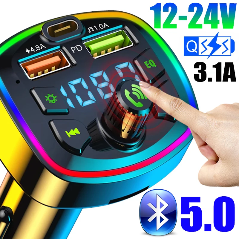 Multifunctional Car PD Fast Charging Bluetooth 5.0 To MP3 Player Colorful Atmosphere Light Cars Charger 2in1 Player Auto Charger