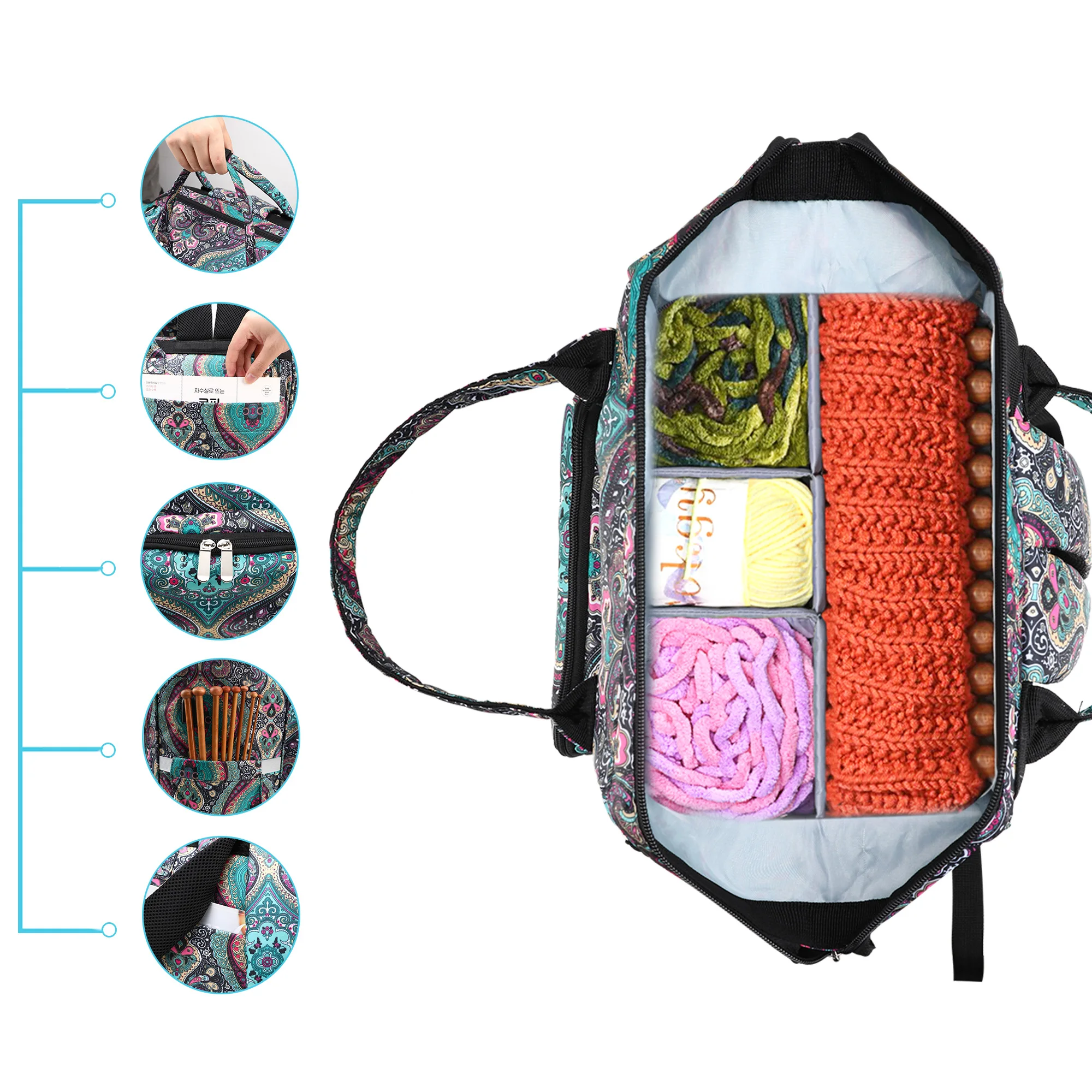 Hot Sell Lagre Capacity Yarn Storage Bag Cashew Flower Knitting Tote Bag Portable Travel Bag With USB Port For Sewing Accessoriy