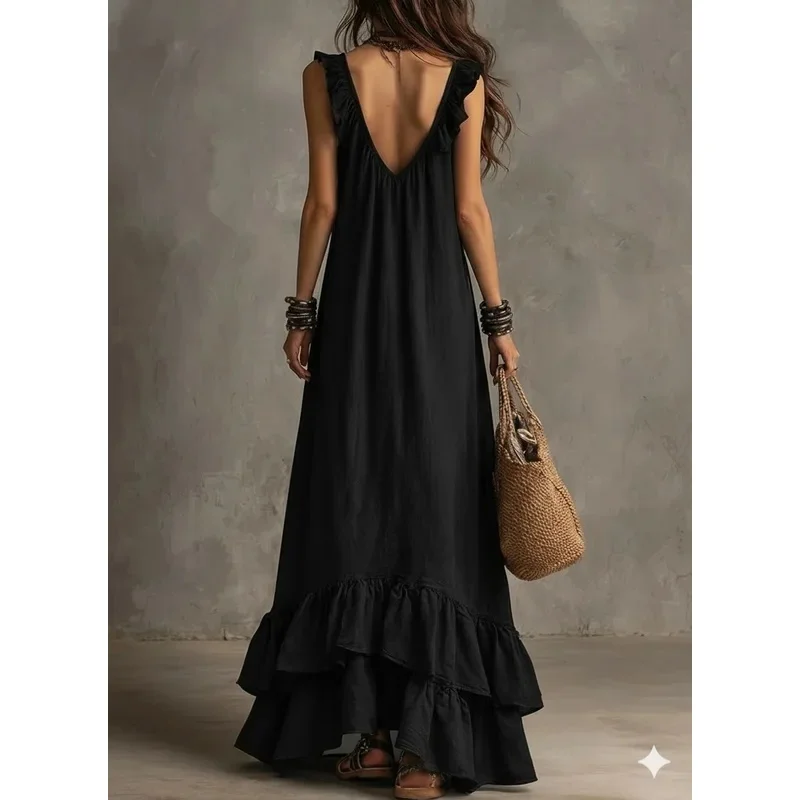 European Boho Women's Maxi Dress Casual Tank Top Sleeveless Ruffle Trim Sexy V Neck Long Dress Beach Vacation Loose Dress