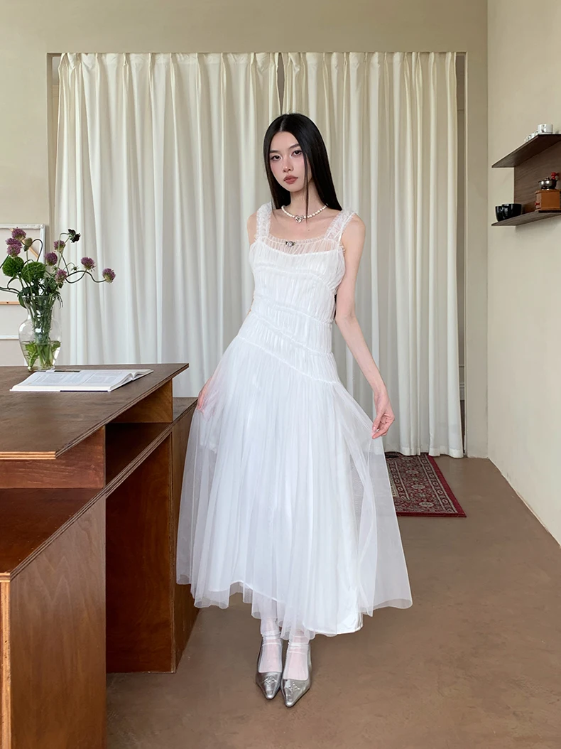 Sukienka balowa bez rękawów CHEERART, biała, tiulowa, urodzinowa, damska, letnia, z siateczkowymi tunikami, długa sukienka wieczorowa na ramiączkach w kształcie litery A.