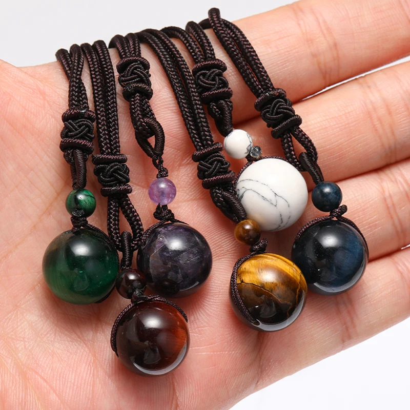 16 mm Obsidian Tiger\'s Eye Amethyst Men\'s And Women\'s Necklace Pendant Adjustable Braided Rope Natural Stone Jewelry For Gift