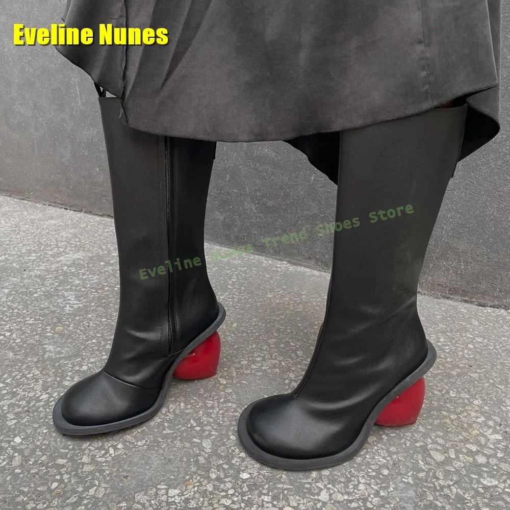 Strange Style Fashion Catwalk Tall Boots Black Love Knee High Boots Round Toe Pull On Street Style Sleek Modern Shoes 2025 Trend