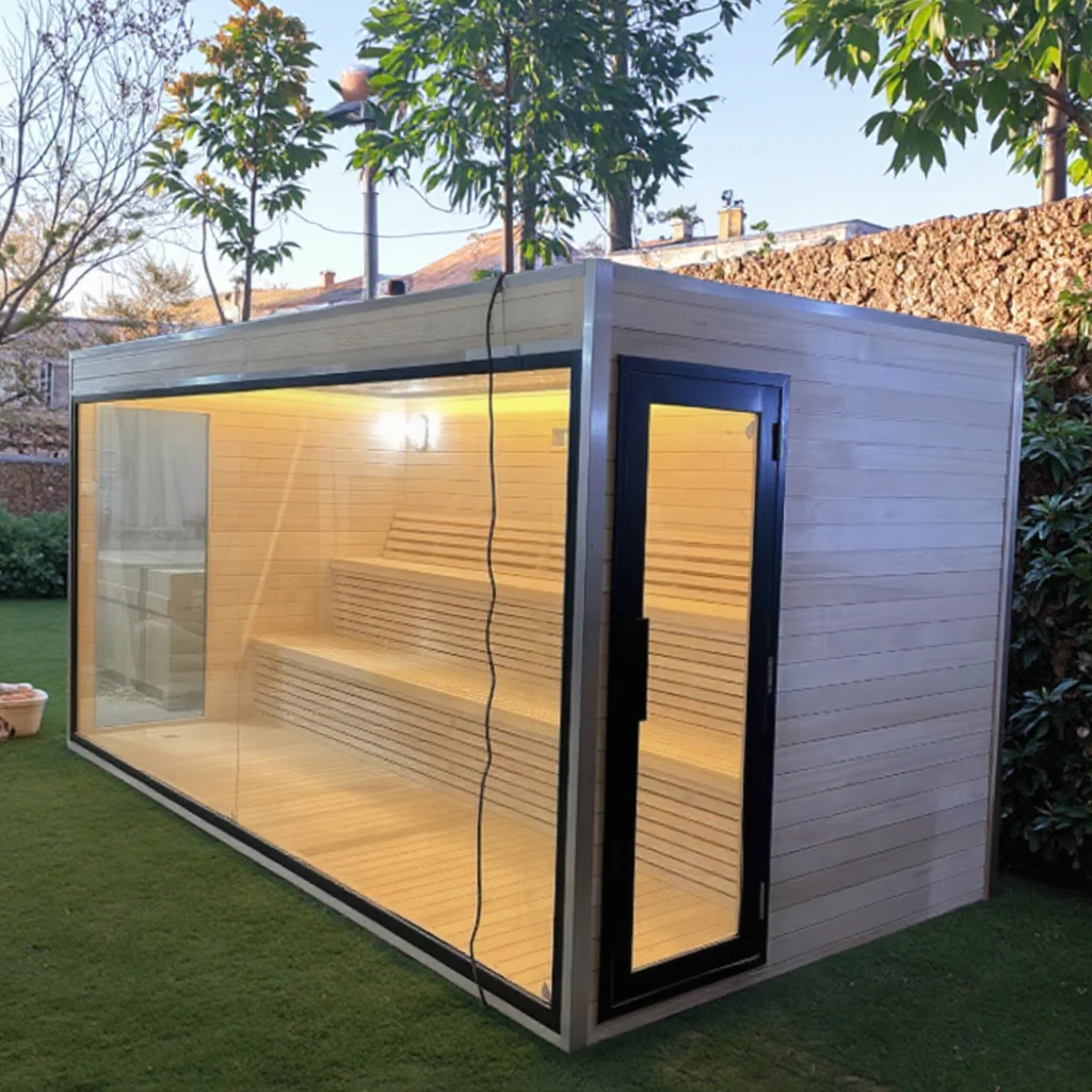 Modern Villa Outdoor Solid Wood Sauna Room with Intelligent Control Transom Windows for 4 Persons Electric Steam Dry Functions