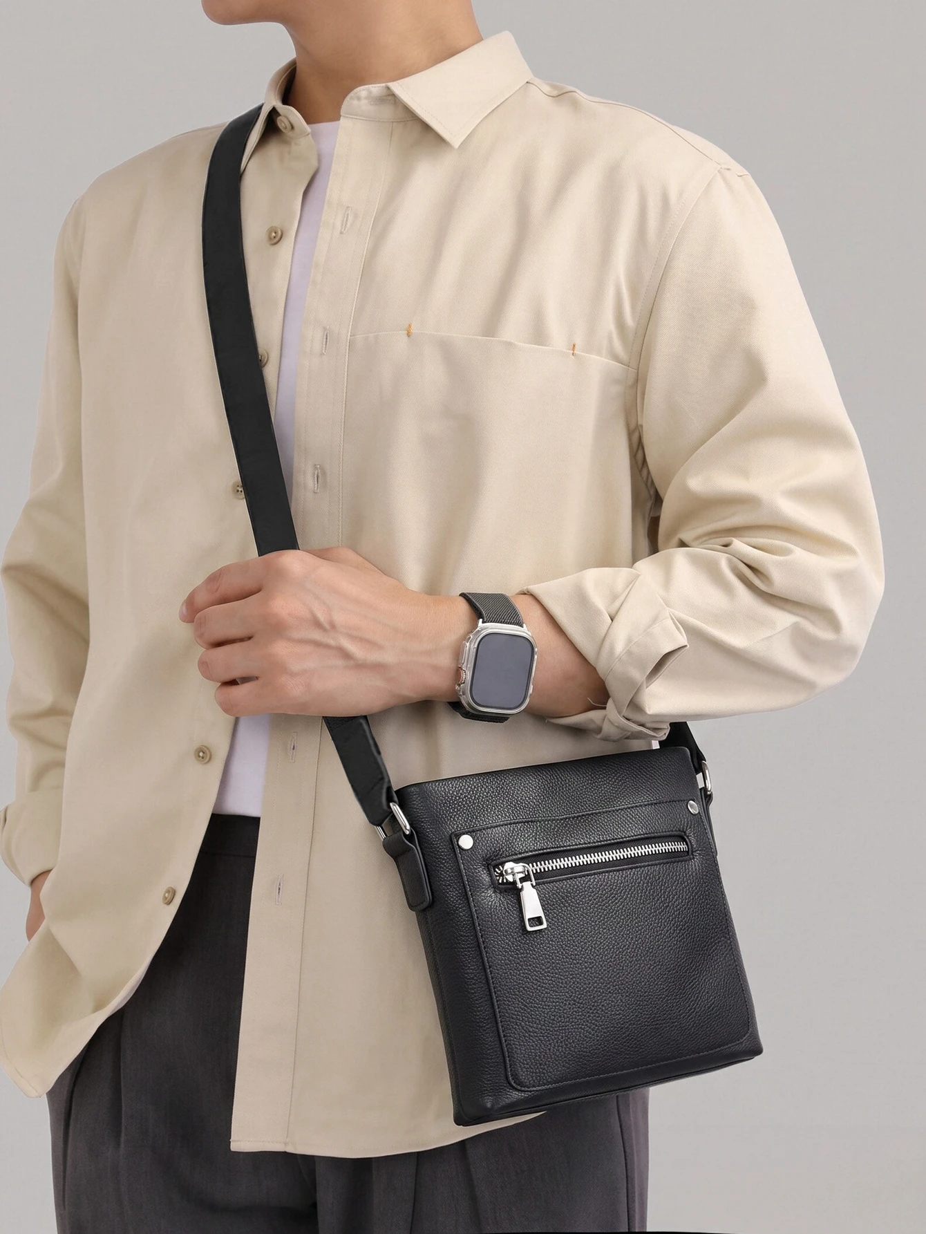 Men Pebbled Genuine Leather Crossbody Bag, Anti-Theft Double Zipper Pockets Shoulder Messenger Bag with Adjustable Strap
