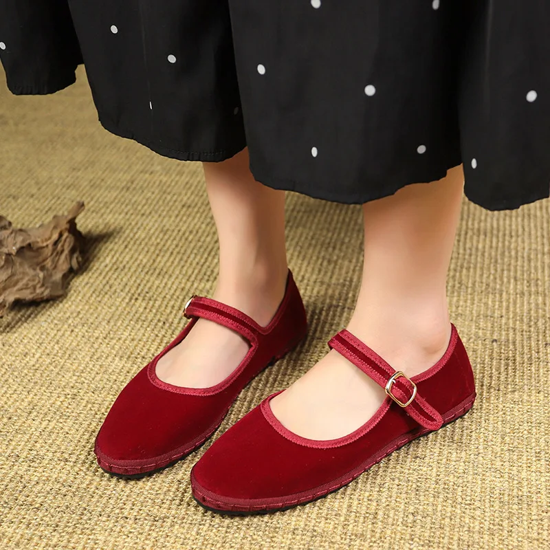 

Retro Flat Velvet Mary Jane Shoes Red Spring Autumn Winter New 2025 Style Comfortable Women's Footwear