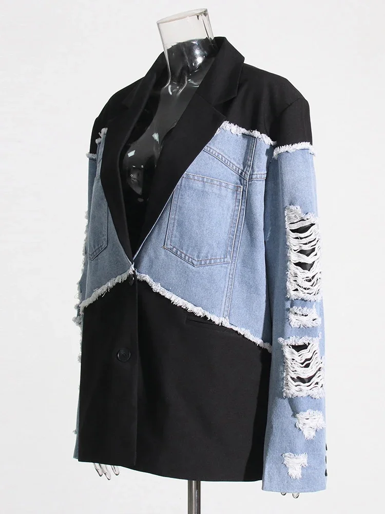 Patchwork Denim Coats For Women Lapel Long Sleeve Spliced Pocket Hole Hollow Out Colorblock Loose Coat Female Fashion